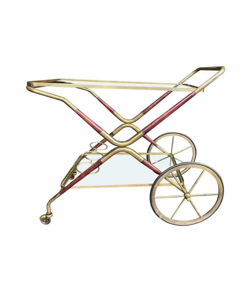 Italian 1950s Cesare Lacca Wood and Brass Bar Cart Trolley with Drink Holder For Sale 9