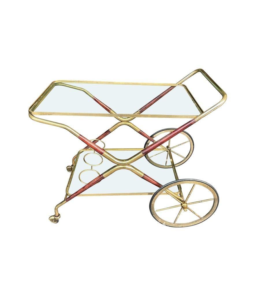 Lacquered Italian 1950s Cesare Lacca Wood and Brass Bar Cart Trolley with Drink Holder For Sale