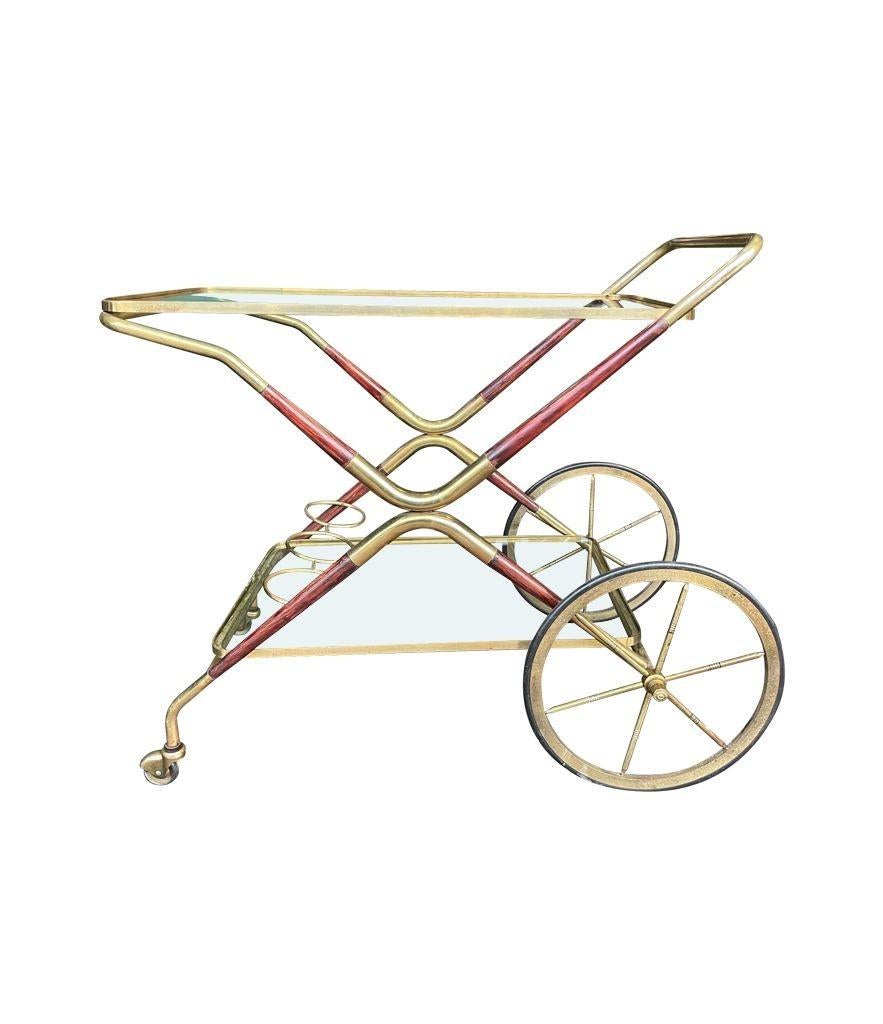 Italian 1950s Cesare Lacca Wood and Brass Bar Cart Trolley with Drink Holder In Good Condition For Sale In London, GB