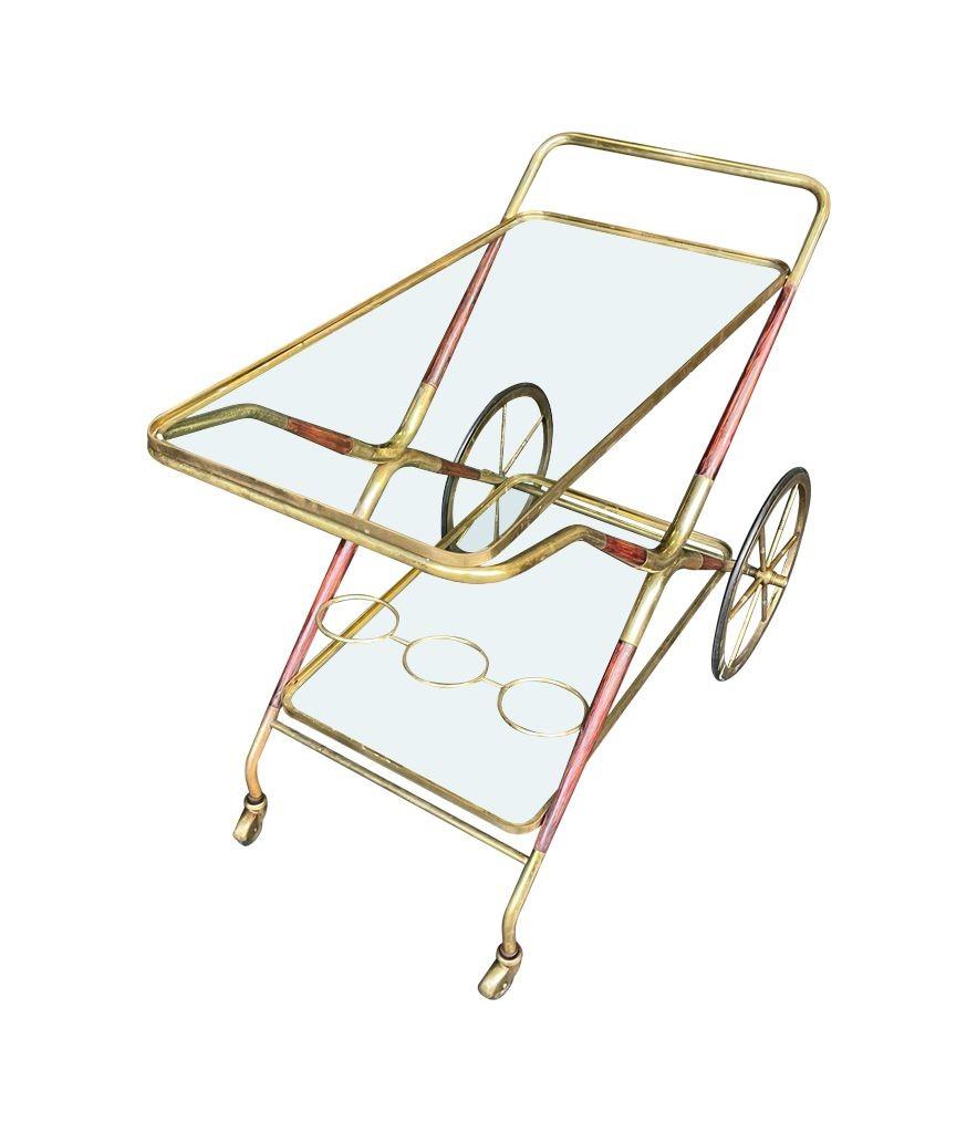Italian 1950s Cesare Lacca Wood and Brass Bar Cart Trolley with Drink Holder For Sale 1