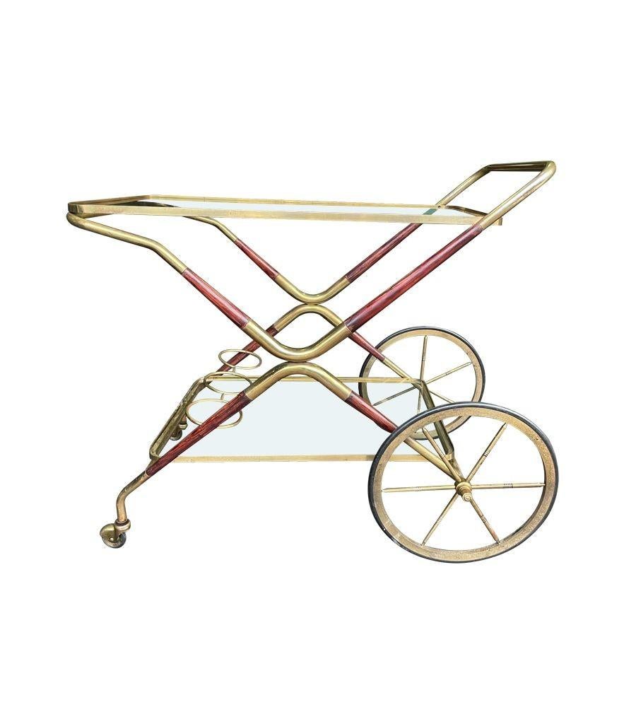 Italian 1950s Cesare Lacca Wood and Brass Bar Cart Trolley with Drink Holder For Sale 2