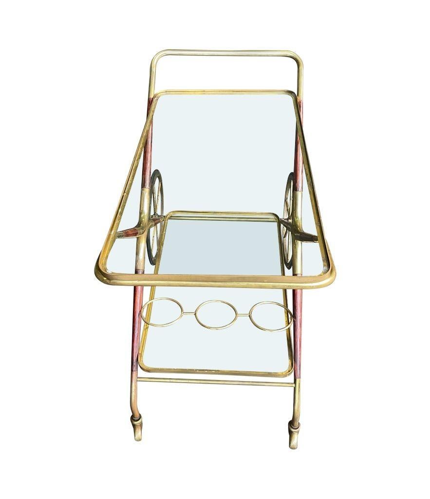 Italian 1950s Cesare Lacca Wood and Brass Bar Cart Trolley with Drink Holder For Sale 3