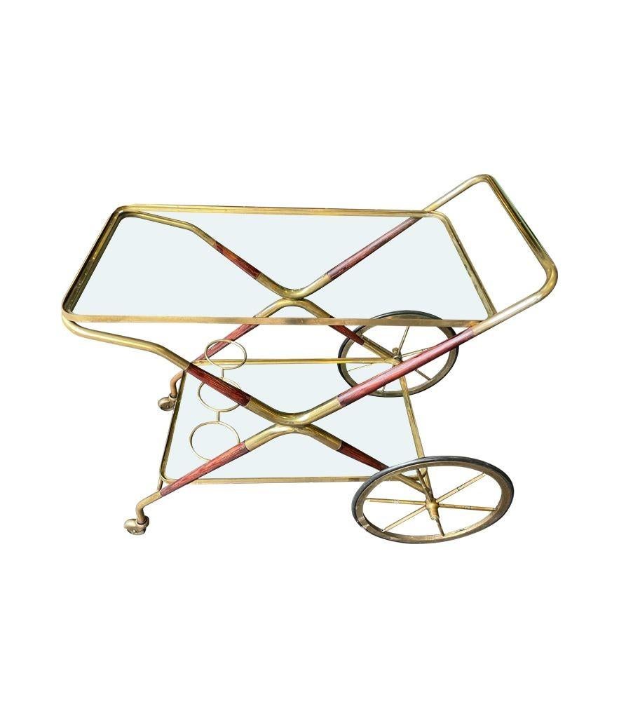 Italian 1950s Cesare Lacca Wood and Brass Bar Cart Trolley with Drink Holder For Sale 4