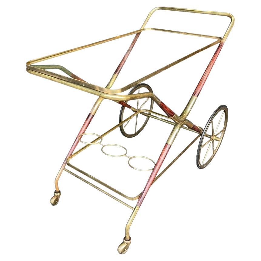 Italian 1950s Cesare Lacca Wood and Brass Bar Cart Trolley with Drink Holder For Sale
