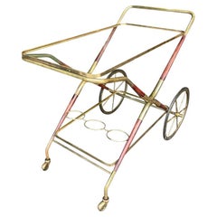 Italian 1950s Cesare Lacca Wood and Brass Bar Cart Trolley with Drink Holder
