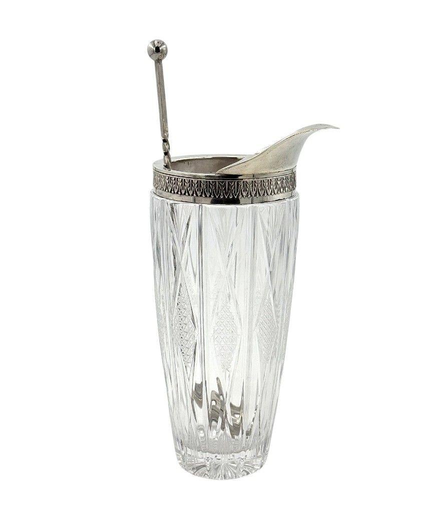Mid-Century Modern Carafe à cocktail italienne en argent et cristal des années 1950 avec cuillère à mélange en nickel en vente