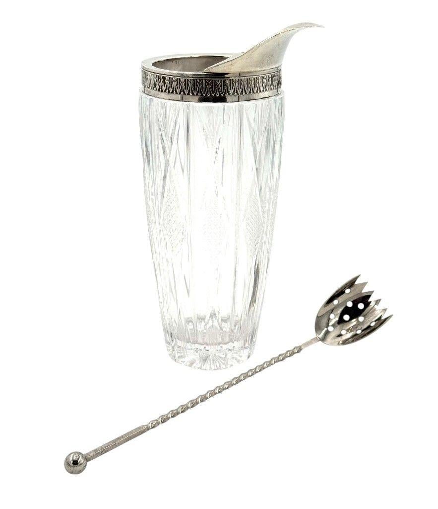 Milieu du XXe siècle Carafe à cocktail italienne en argent et cristal des années 1950 avec cuillère à mélange en nickel en vente