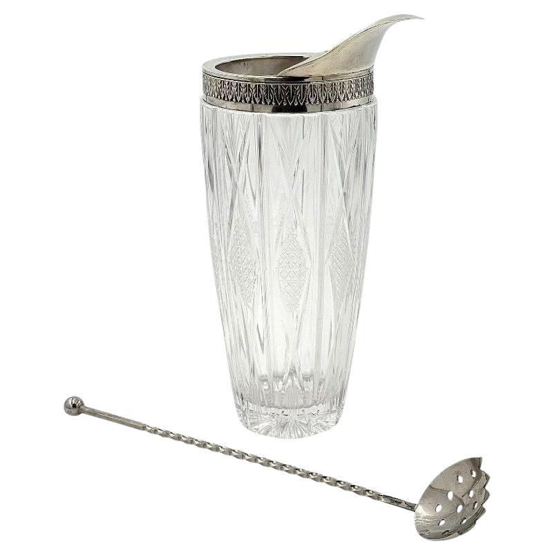 Ein italienischer Cocktailkrug aus Silber und Kristall aus den 1950er Jahren mit Nickel-Muddlinglöffel