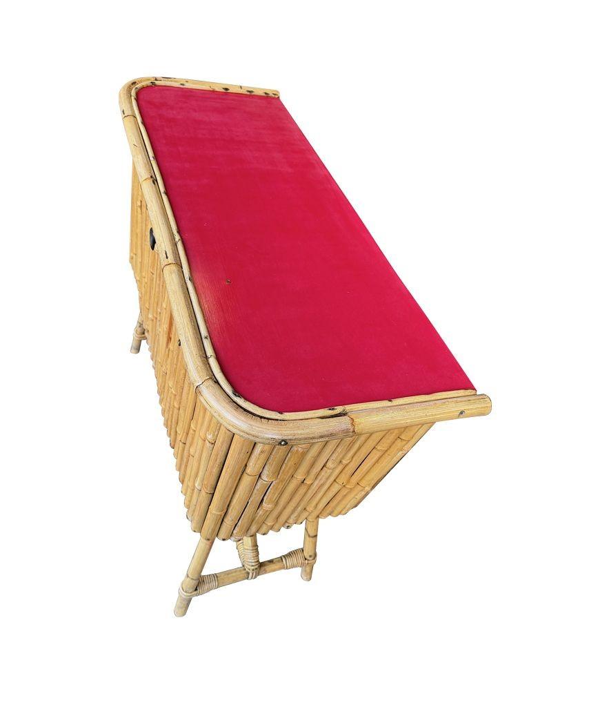 An Italian 1960s bamboo bar cabinet with red laminate top and two stools For Sale 13