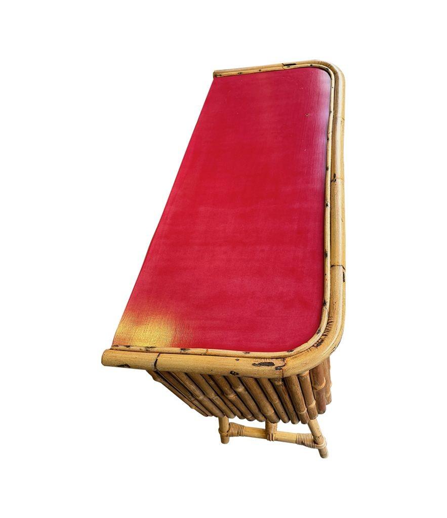 An Italian 1960s bamboo bar cabinet with red laminate top and two stools For Sale 14