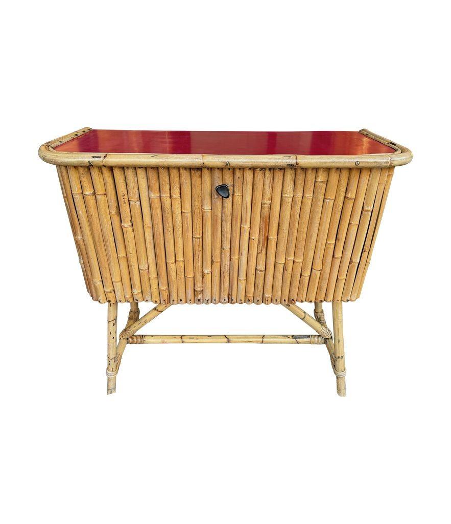 An Italian 1960s bamboo bar cabinet with red laminate top and two stools For Sale 15