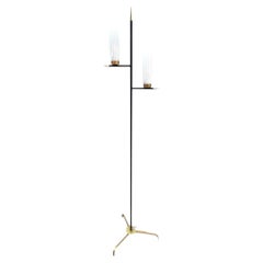 An Italian 1960s black lacquer and brass floor lamp with opaline glass shades