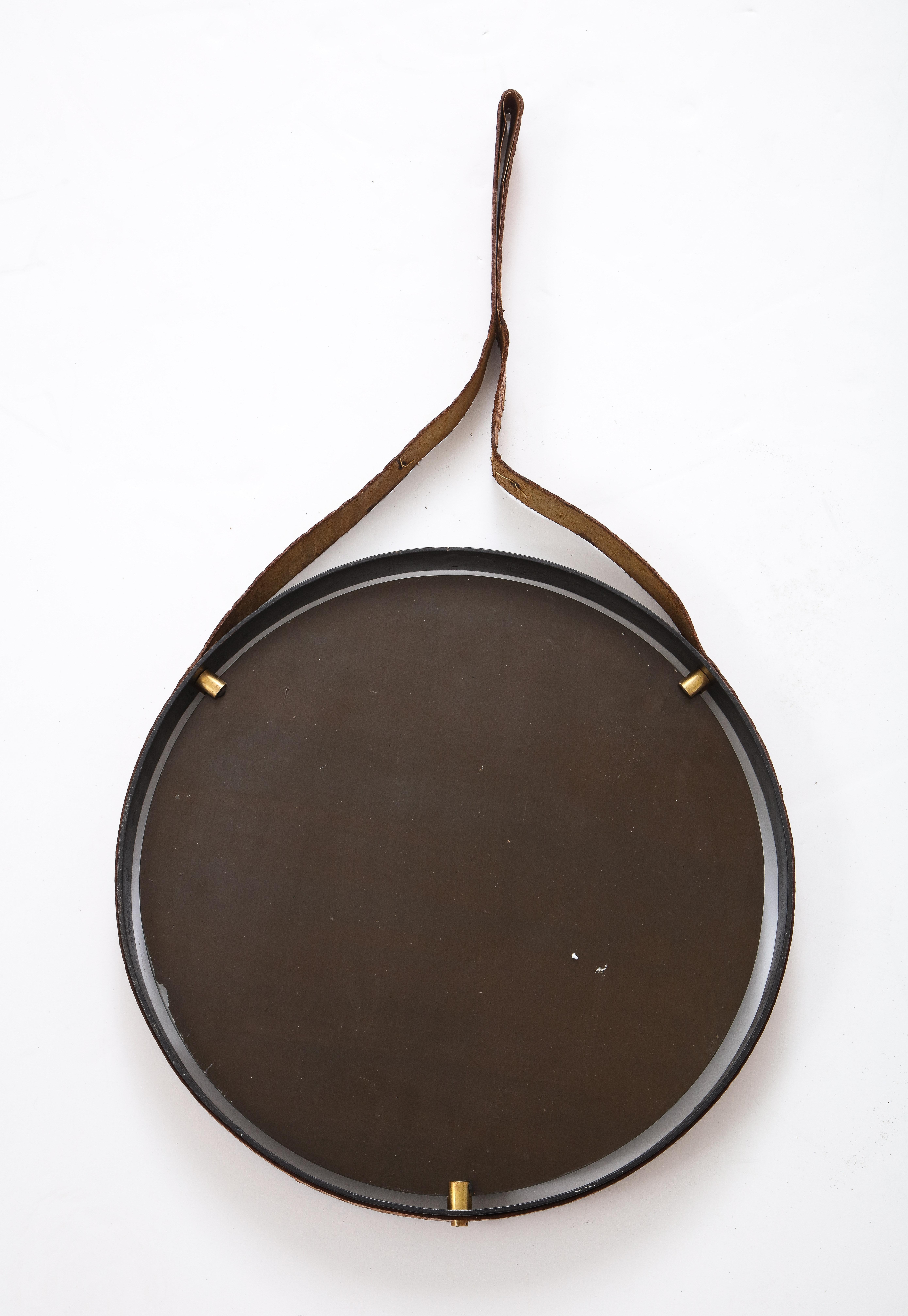 Italian 1960's Circular Floating Mirror with Leather Strap For Sale 5