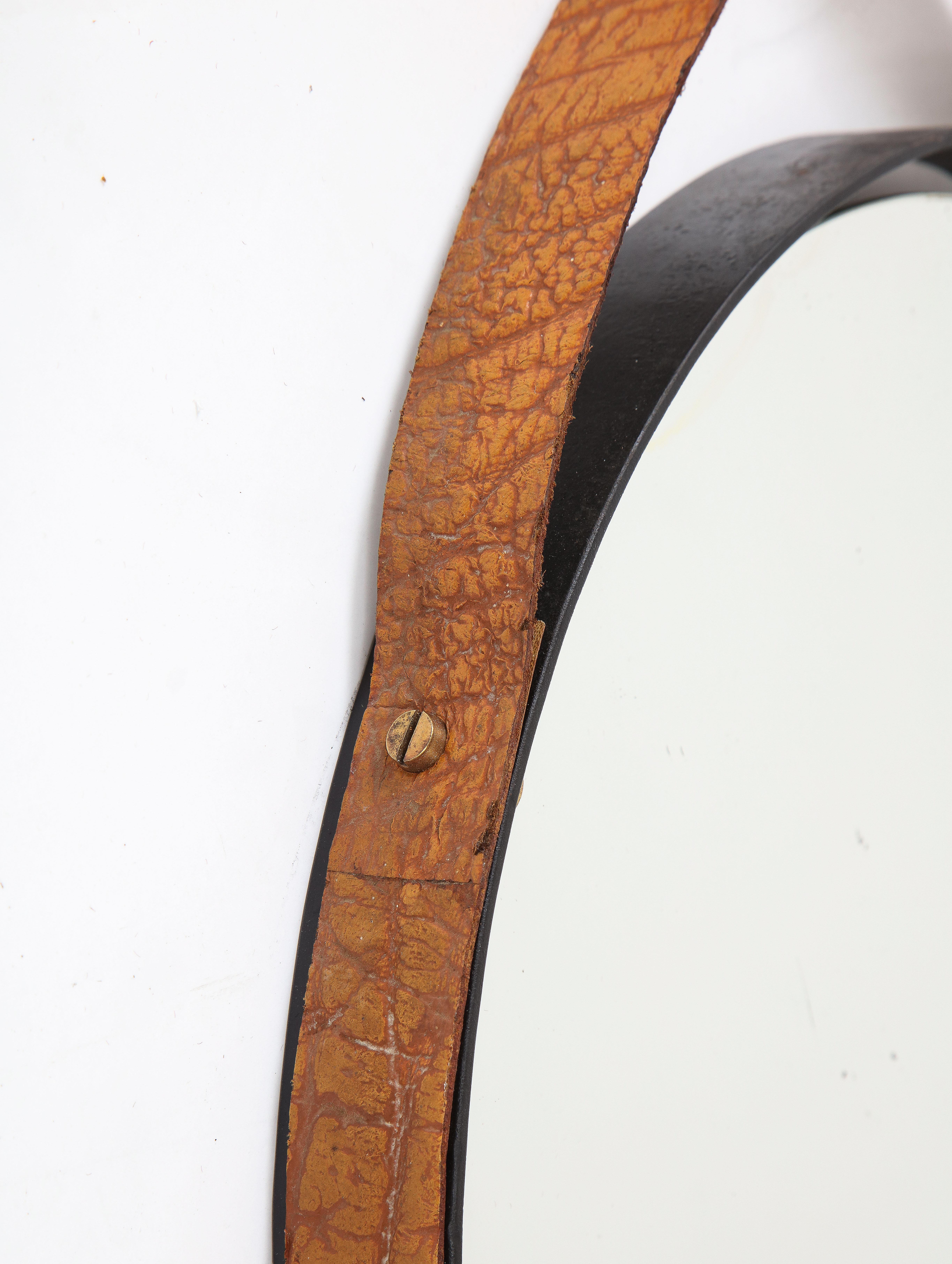 Mid-20th Century Italian 1960's Circular Floating Mirror with Leather Strap For Sale