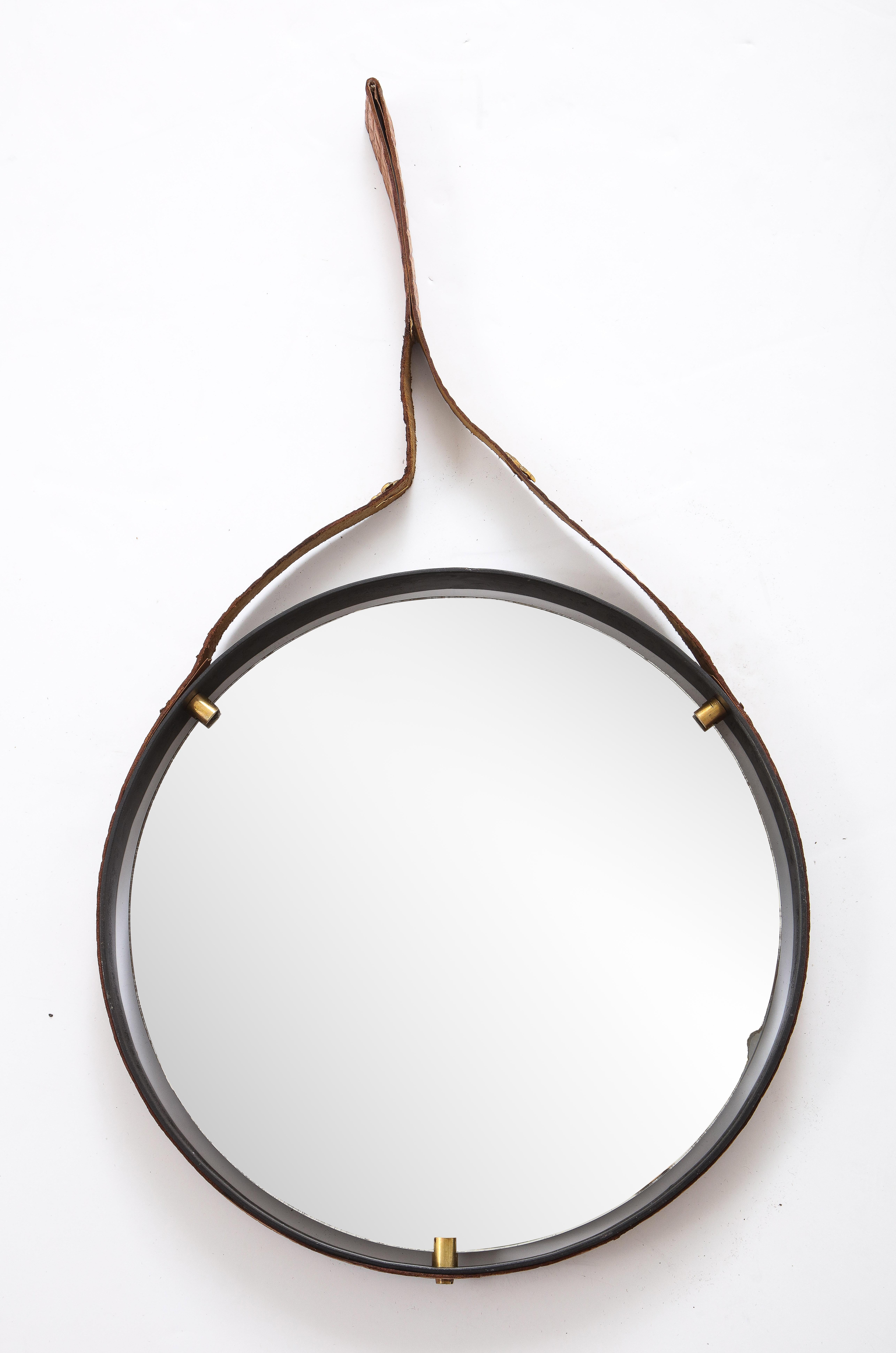 Italian 1960's Circular Floating Mirror with Leather Strap For Sale 2