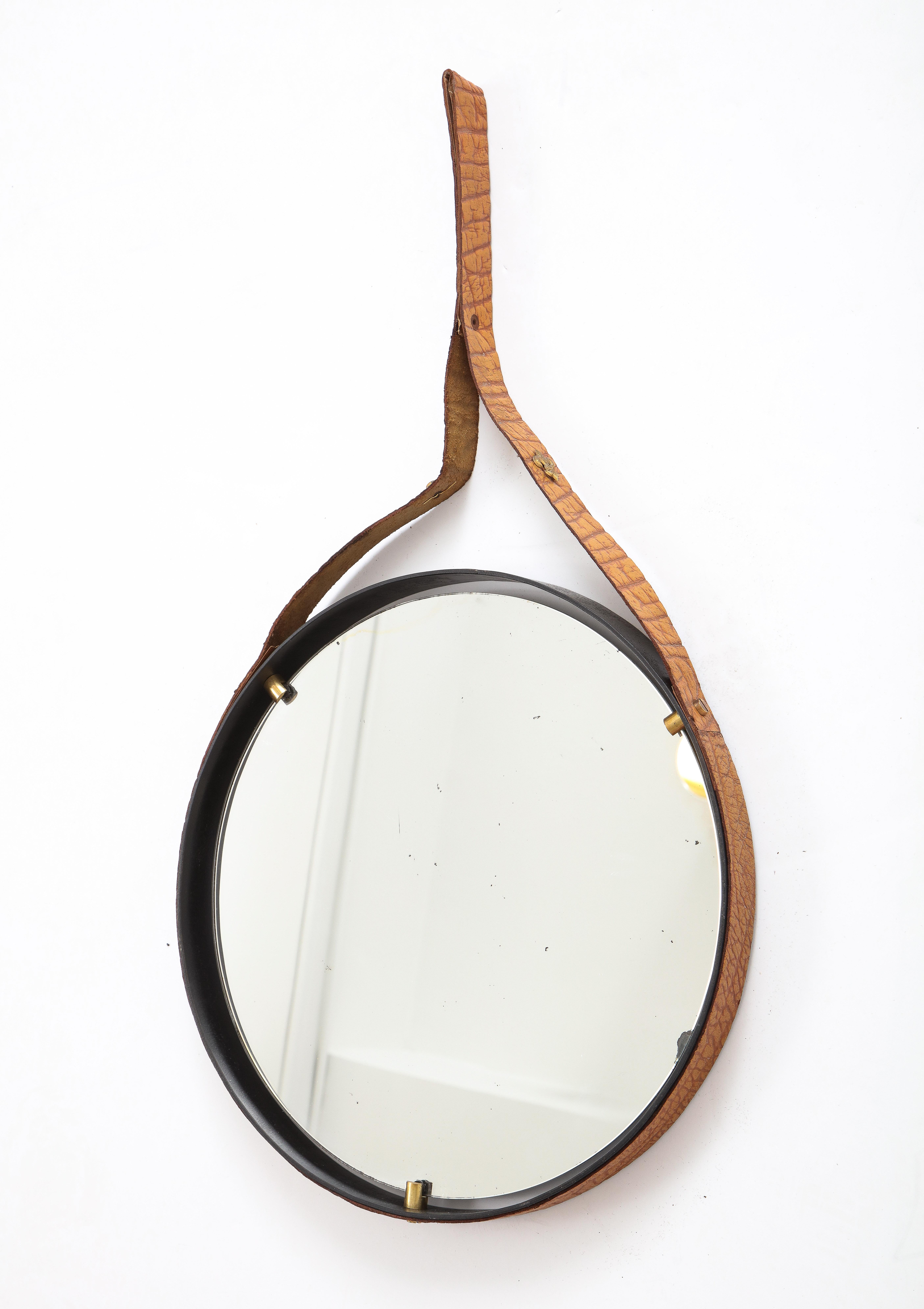 Italian 1960's Circular Floating Mirror with Leather Strap For Sale 3