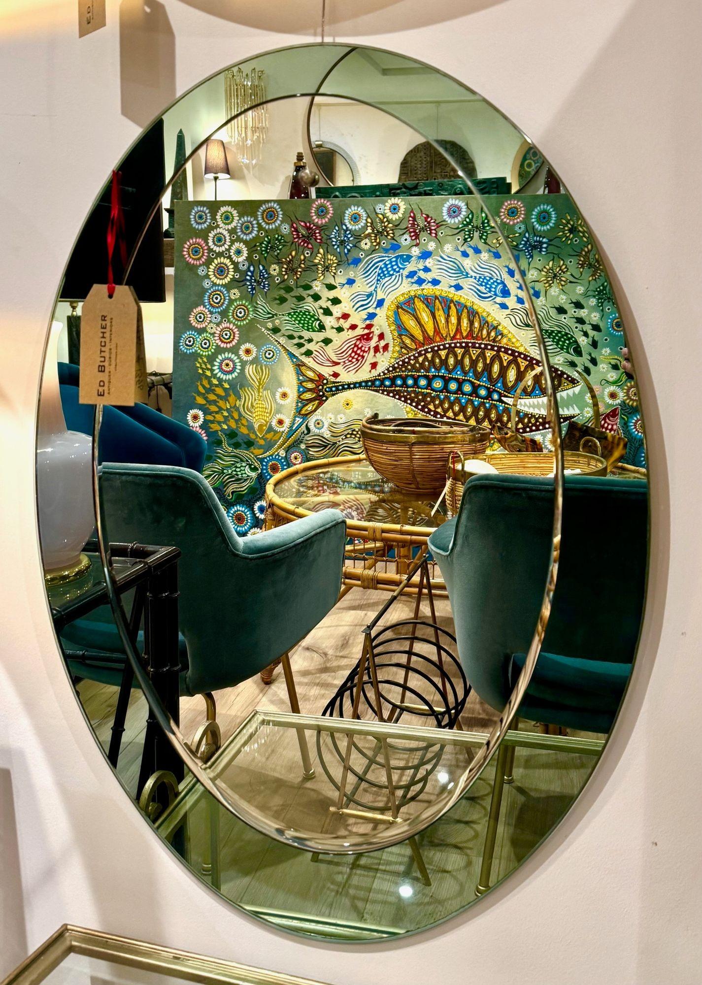 Miroir ovale italien Cristal Arte des années 1960 avec cadre en miroir vert menthe pastel. en vente 6