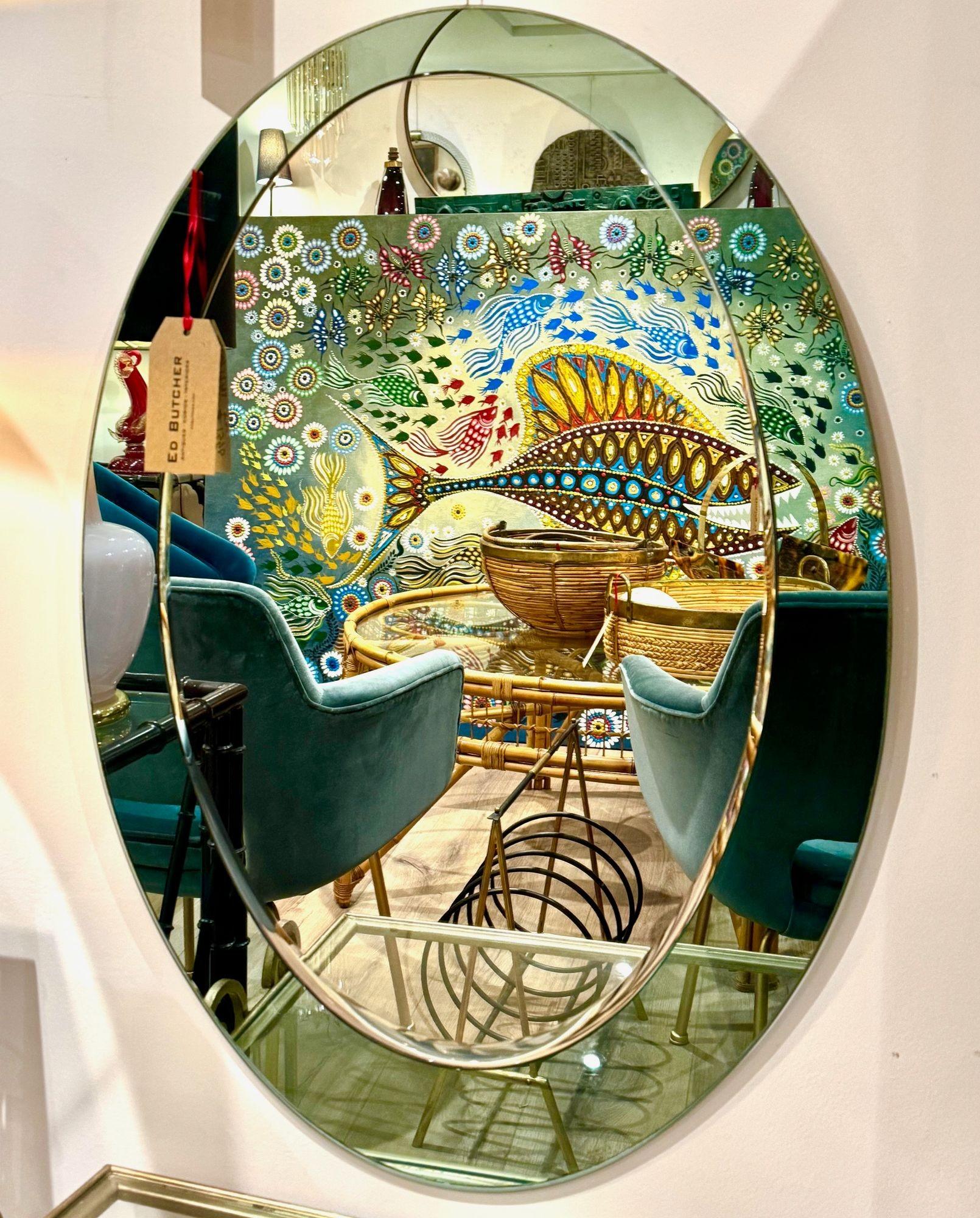 Miroir ovale italien Cristal Arte des années 1960 avec cadre en miroir vert menthe pastel. en vente 2
