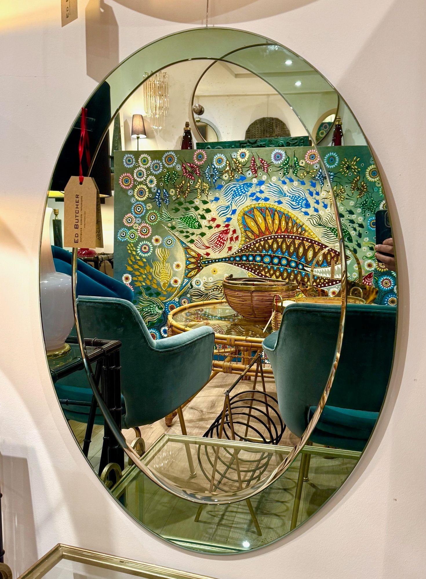 Miroir ovale italien Cristal Arte des années 1960 avec cadre en miroir vert menthe pastel. en vente 4