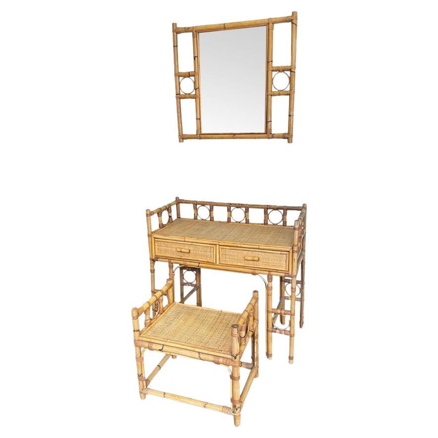 An Italian 1970s bamboo dressing table set with dressing table, stool and mirror For Sale