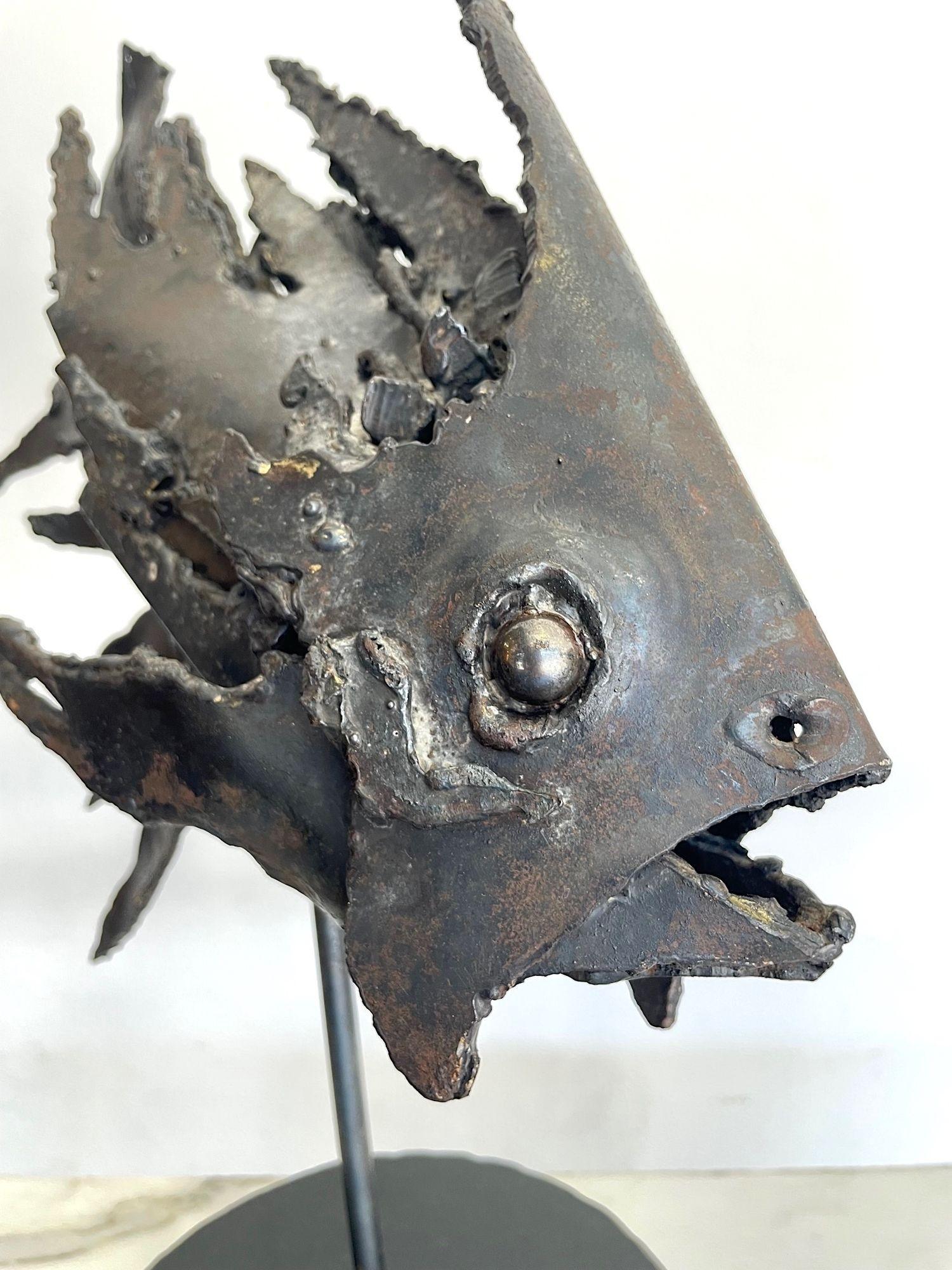 Late 20th Century Italian 1970s Brutalist Metal Sculpture of a Fish on a Black Marble Base