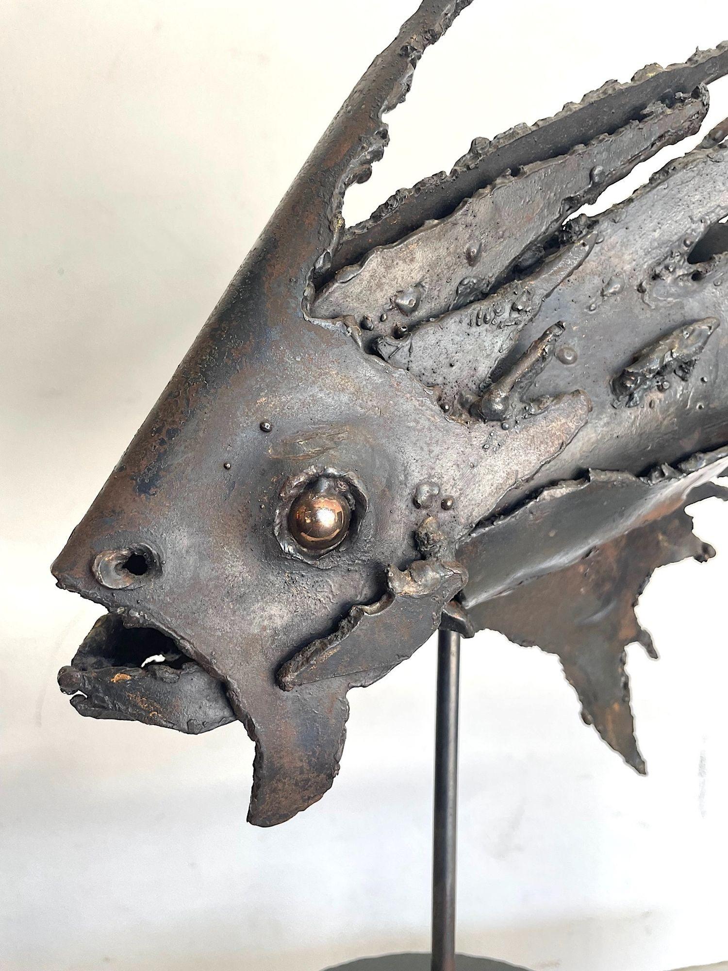 Iron Italian 1970s Brutalist Metal Sculpture of a Fish on a Black Marble Base