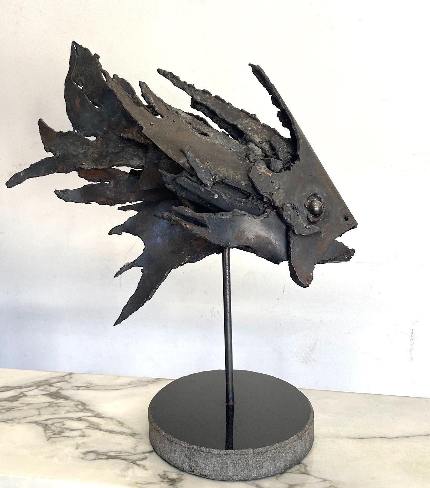 Italian 1970s Brutalist Metal Sculpture of a Fish on a Black Marble Base 1