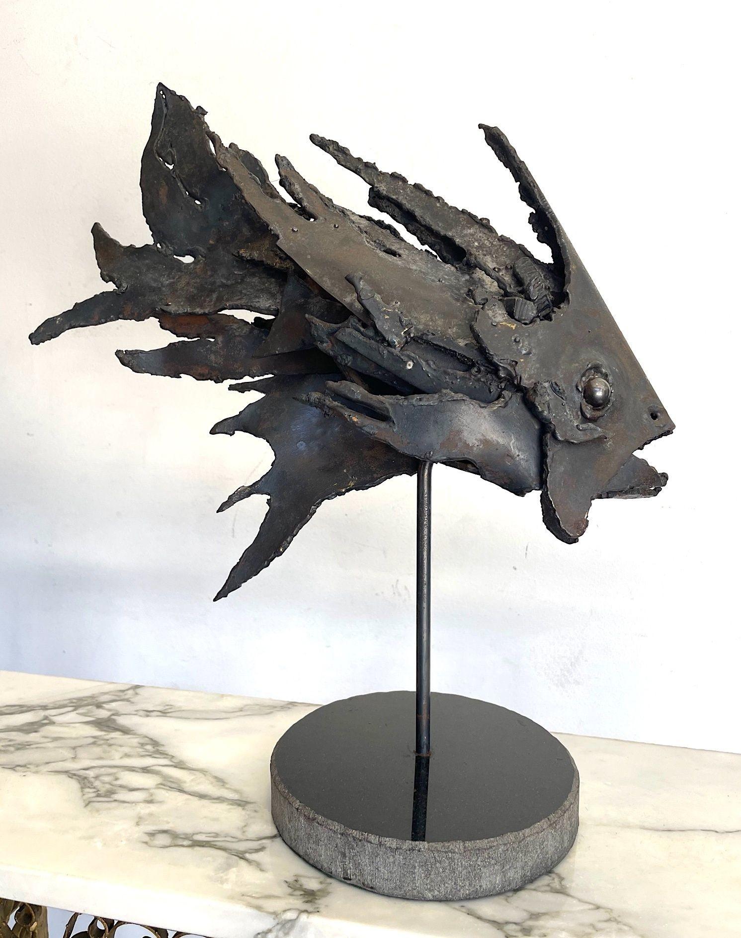 Italian 1970s Brutalist Metal Sculpture of a Fish on a Black Marble Base 2