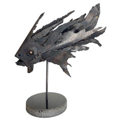 Italian 1970s Brutalist Metal Sculpture of a Fish on a Black Marble Base