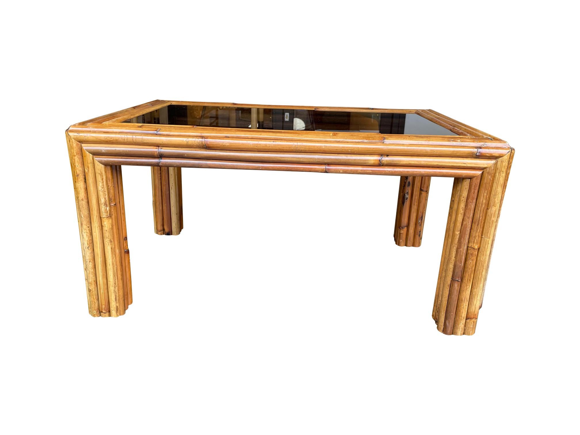 Italian 1970s Bamboo Coffee Table with Smoked Glass For Sale 5