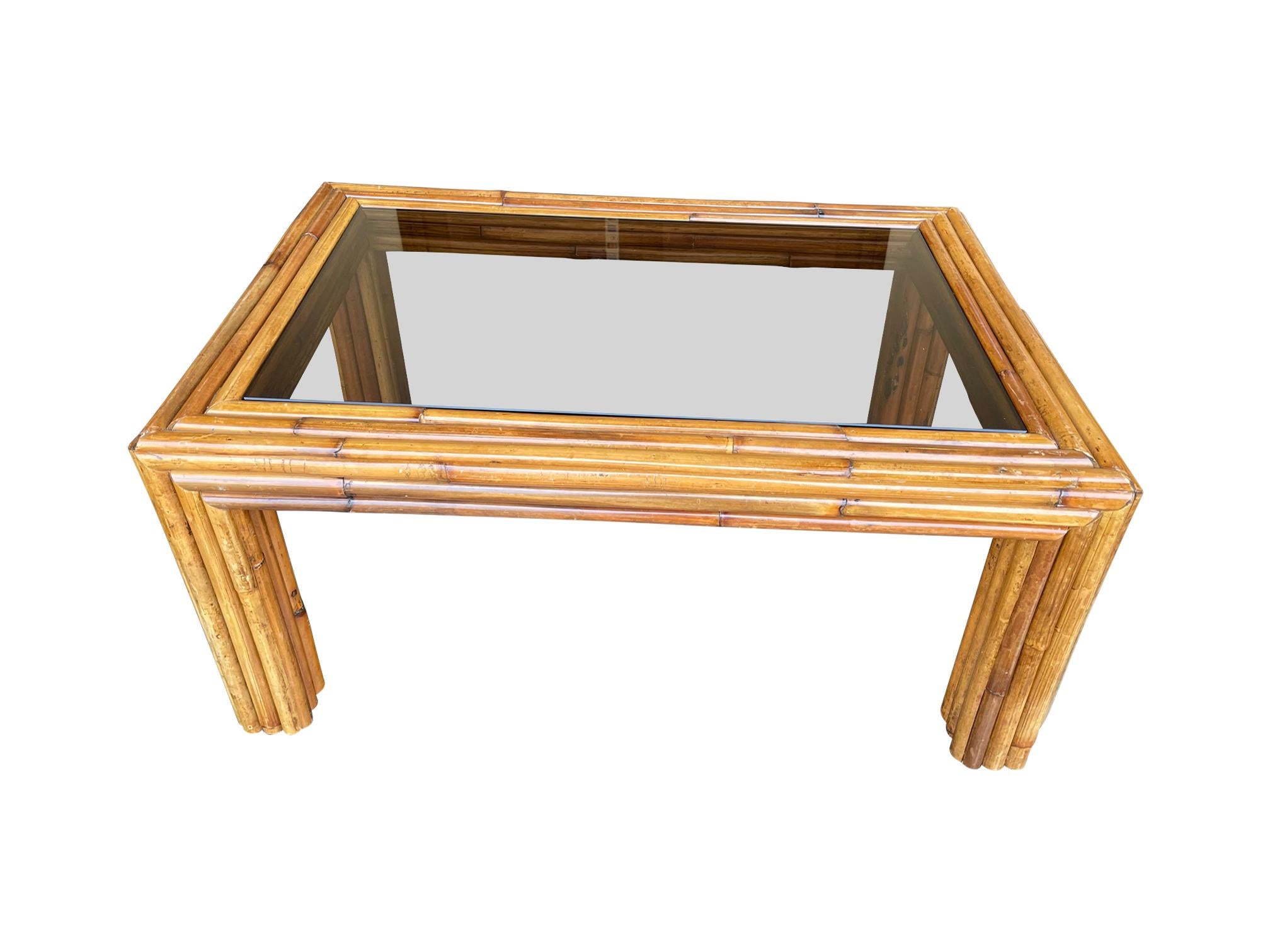 Mid-Century Modern Italian 1970s Bamboo Coffee Table with Smoked Glass For Sale
