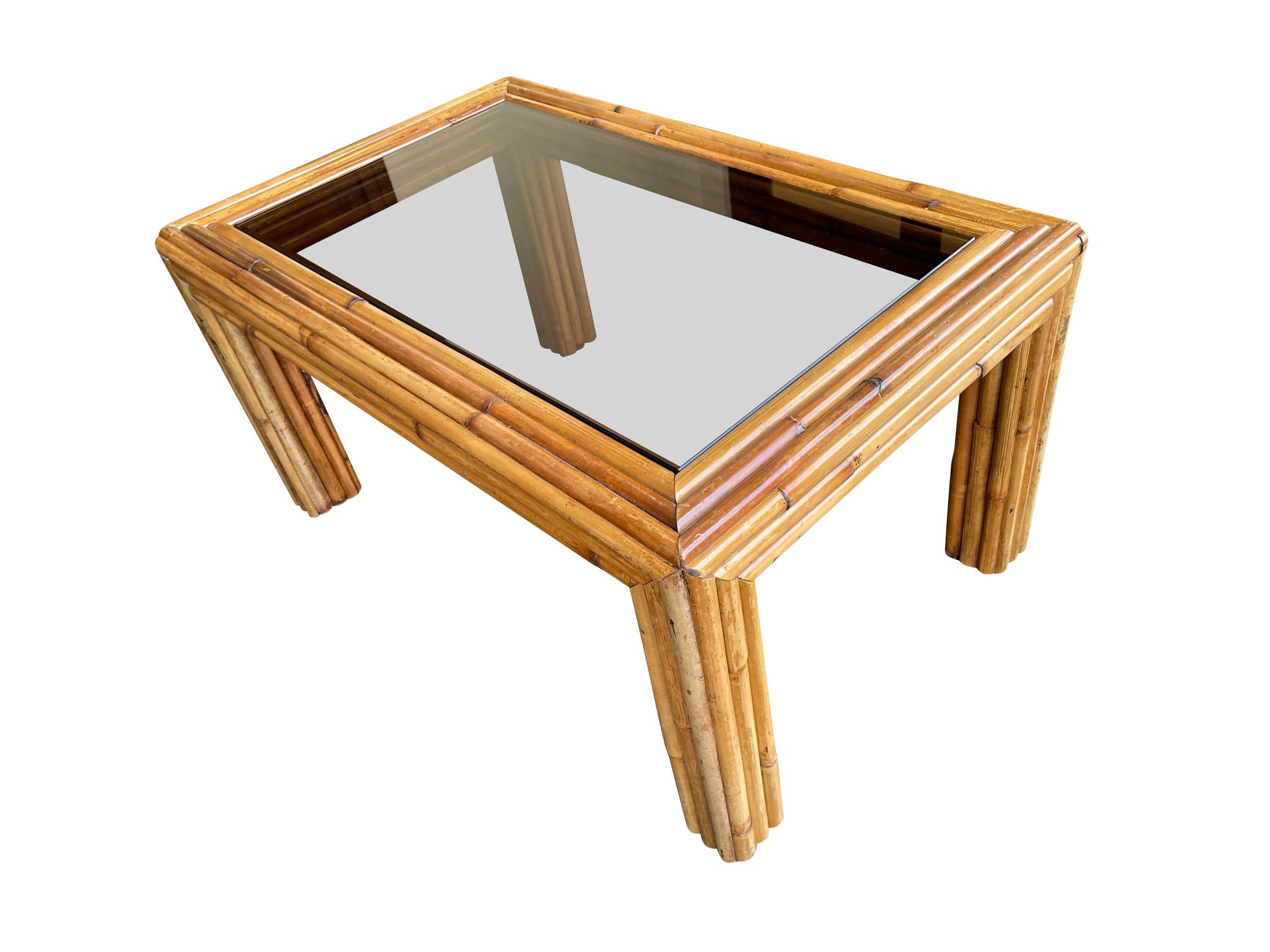 Italian 1970s Bamboo Coffee Table with Smoked Glass In Good Condition For Sale In London, GB