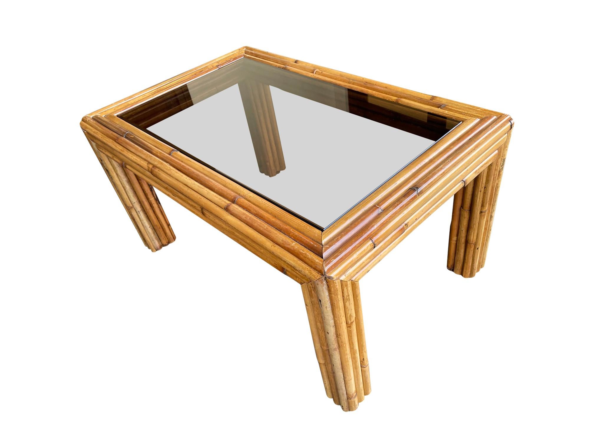 Late 20th Century Italian 1970s Bamboo Coffee Table with Smoked Glass For Sale