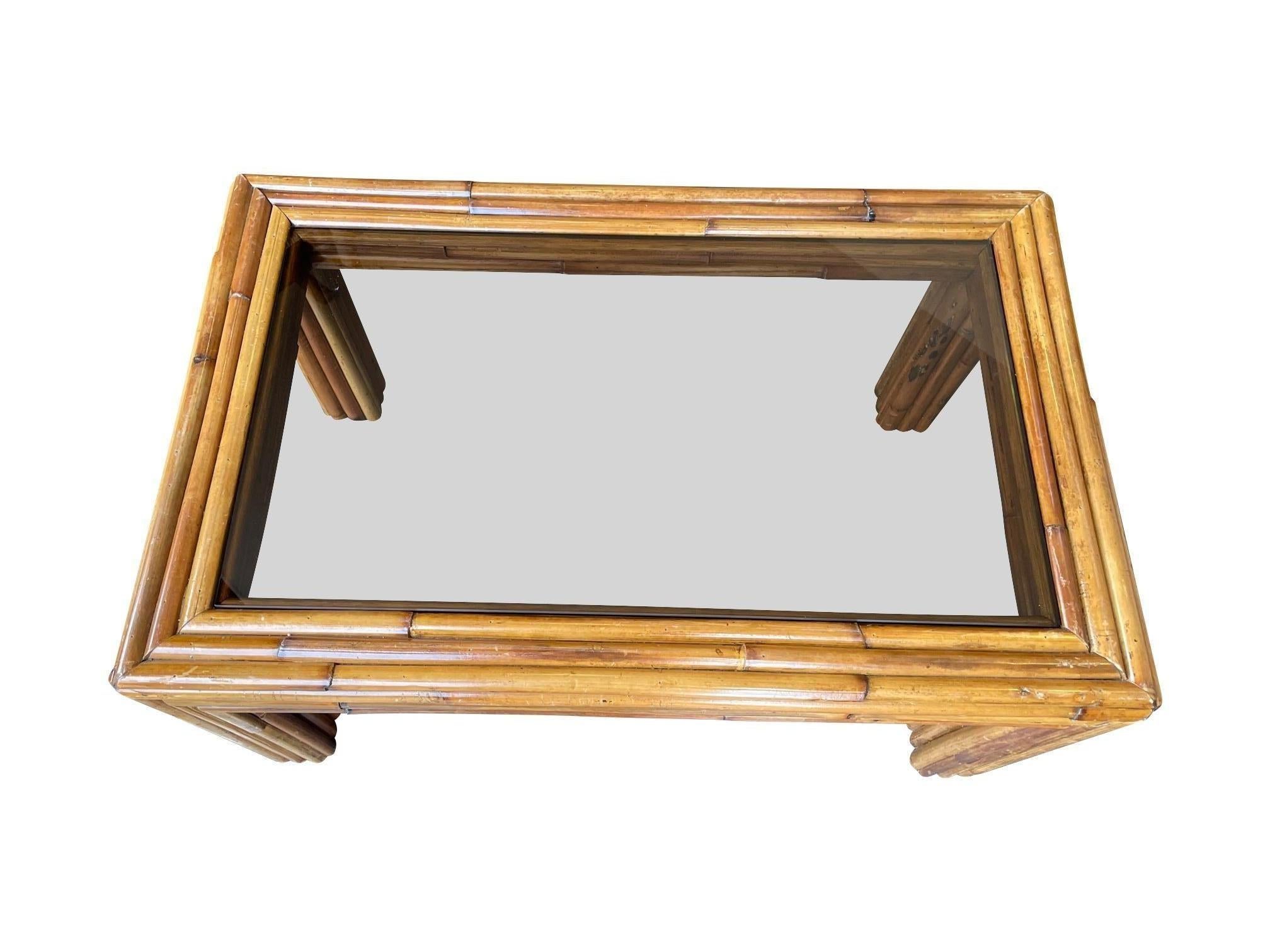 Italian 1970s Bamboo Coffee Table with Smoked Glass For Sale 1