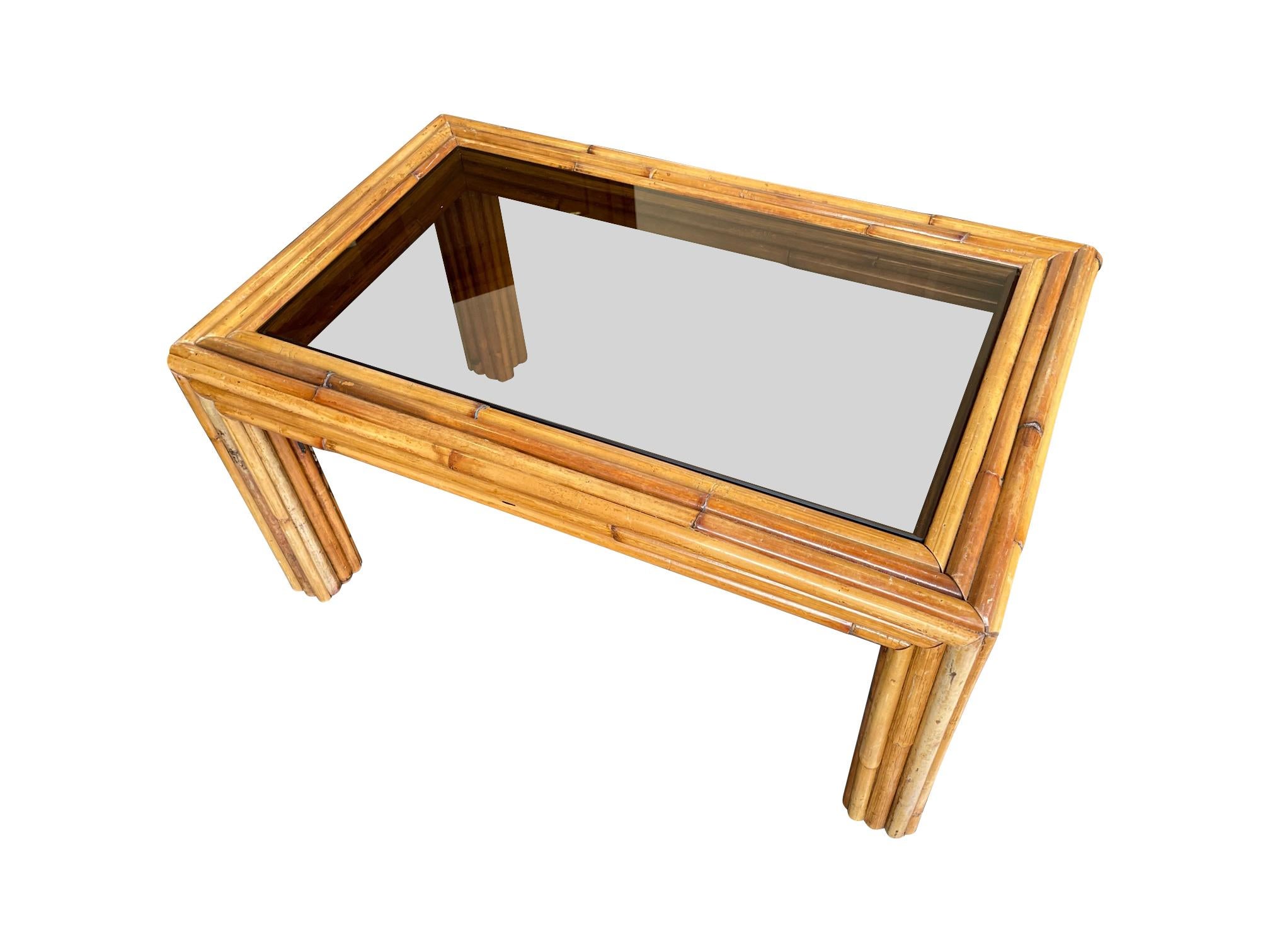 Italian 1970s Bamboo Coffee Table with Smoked Glass For Sale 2