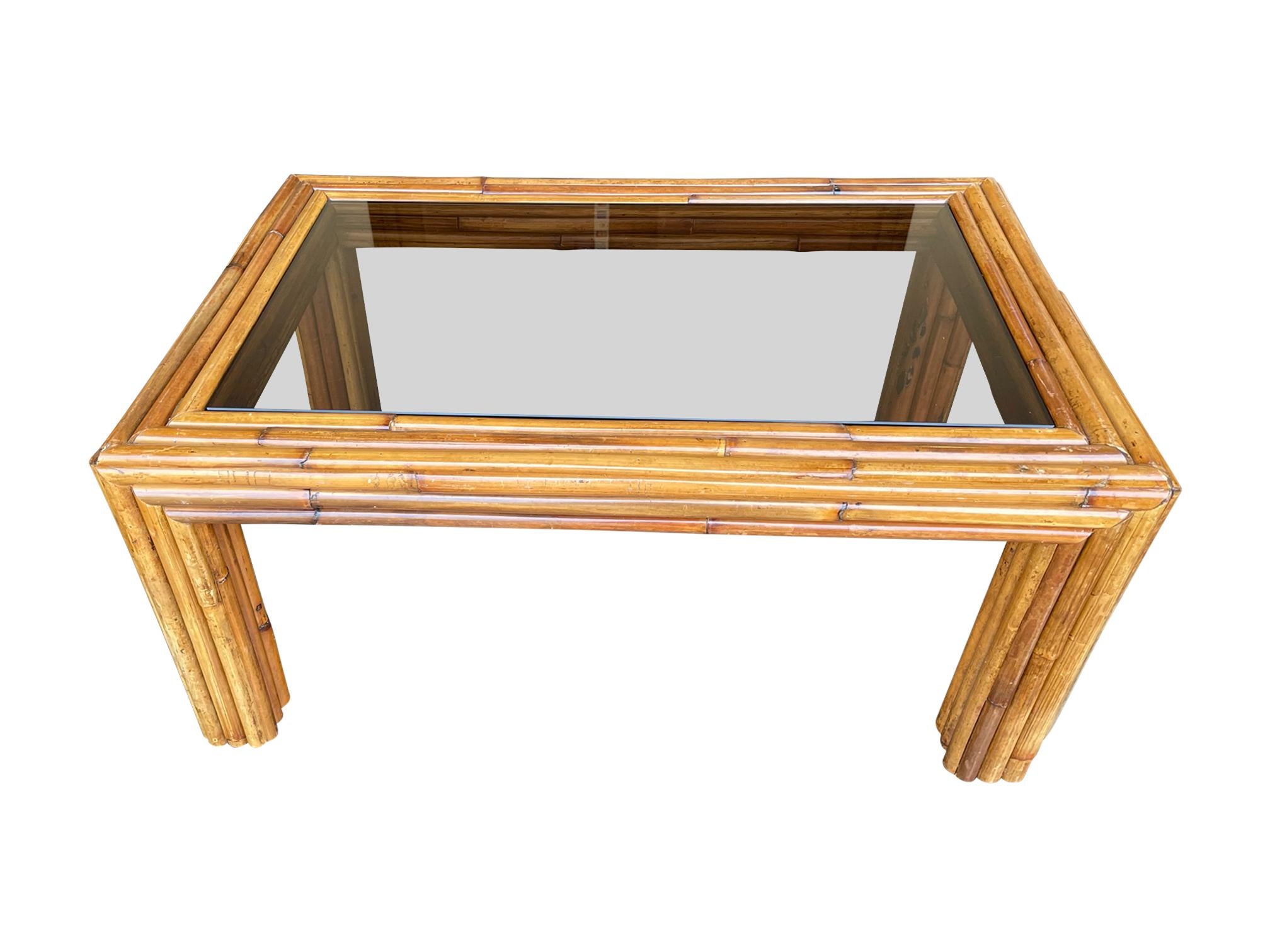 Italian 1970s Bamboo Coffee Table with Smoked Glass For Sale 3