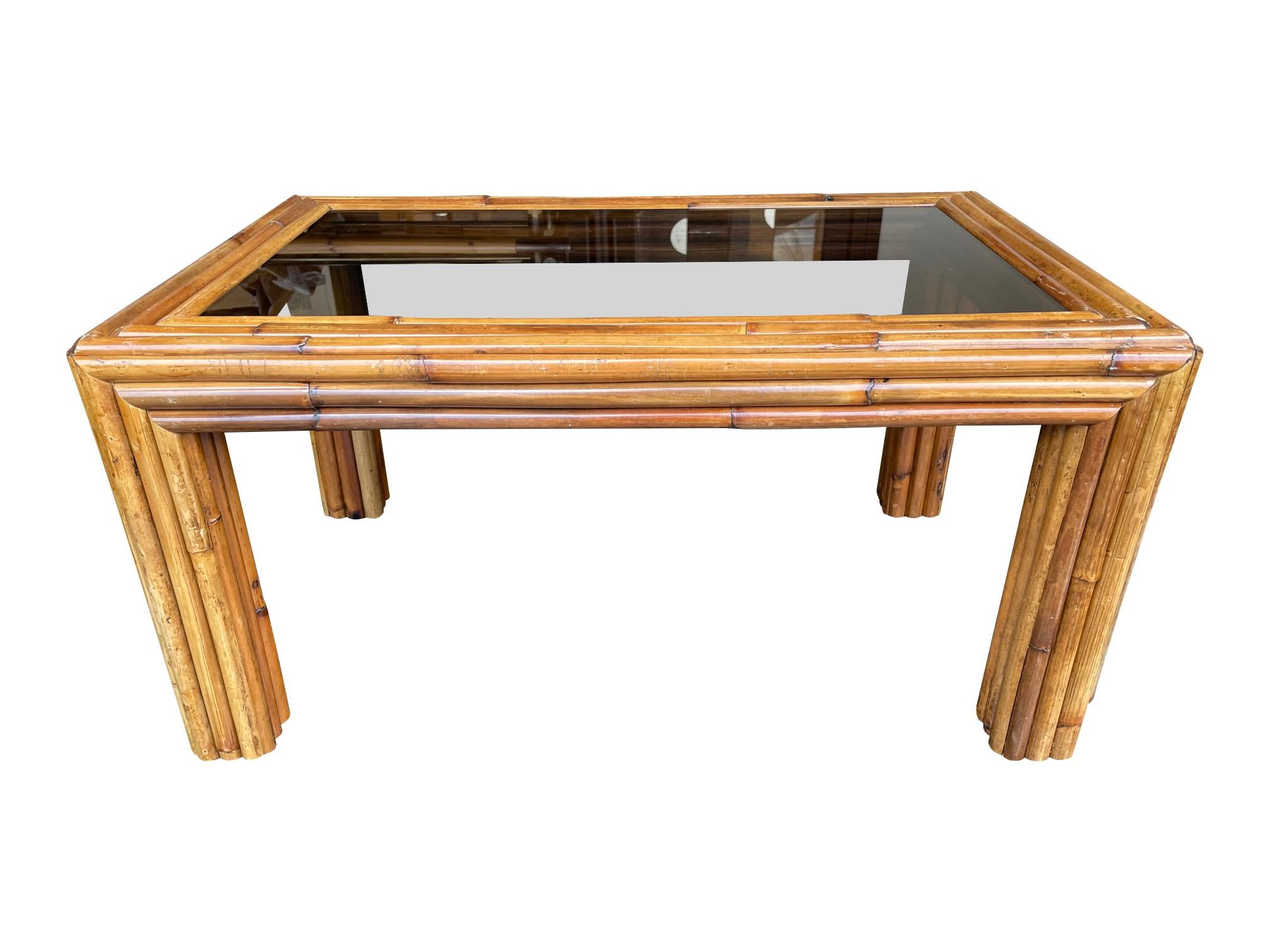 Italian 1970s Bamboo Coffee Table with Smoked Glass For Sale 4