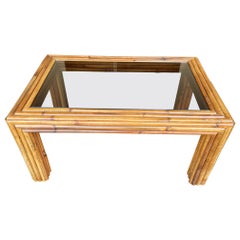 Used Italian 1970s Bamboo Coffee Table with Smoked Glass