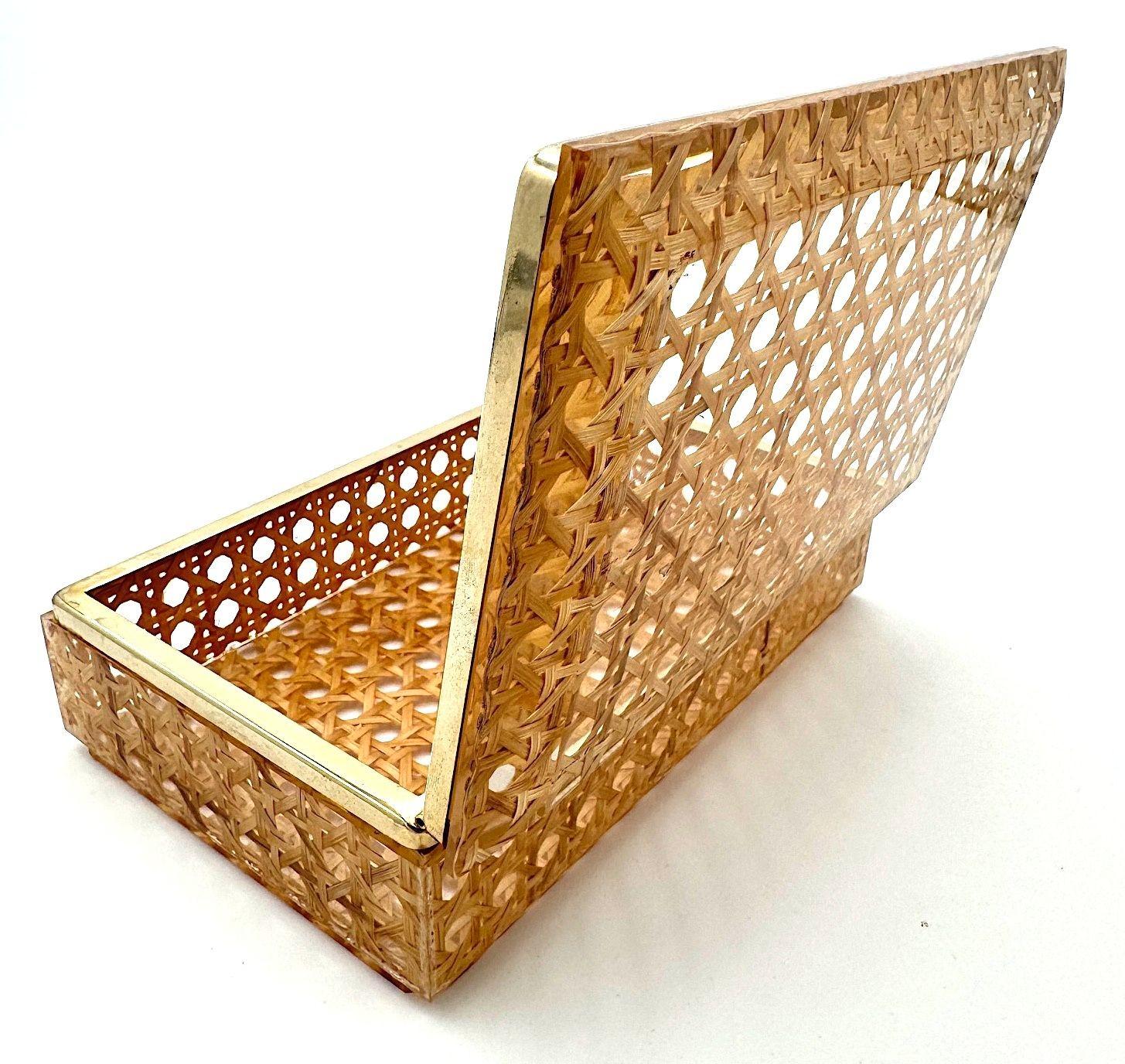 Late 20th Century An Italian 1970s Gabriella Crespi style lucite and woven rattan gilt hinged box