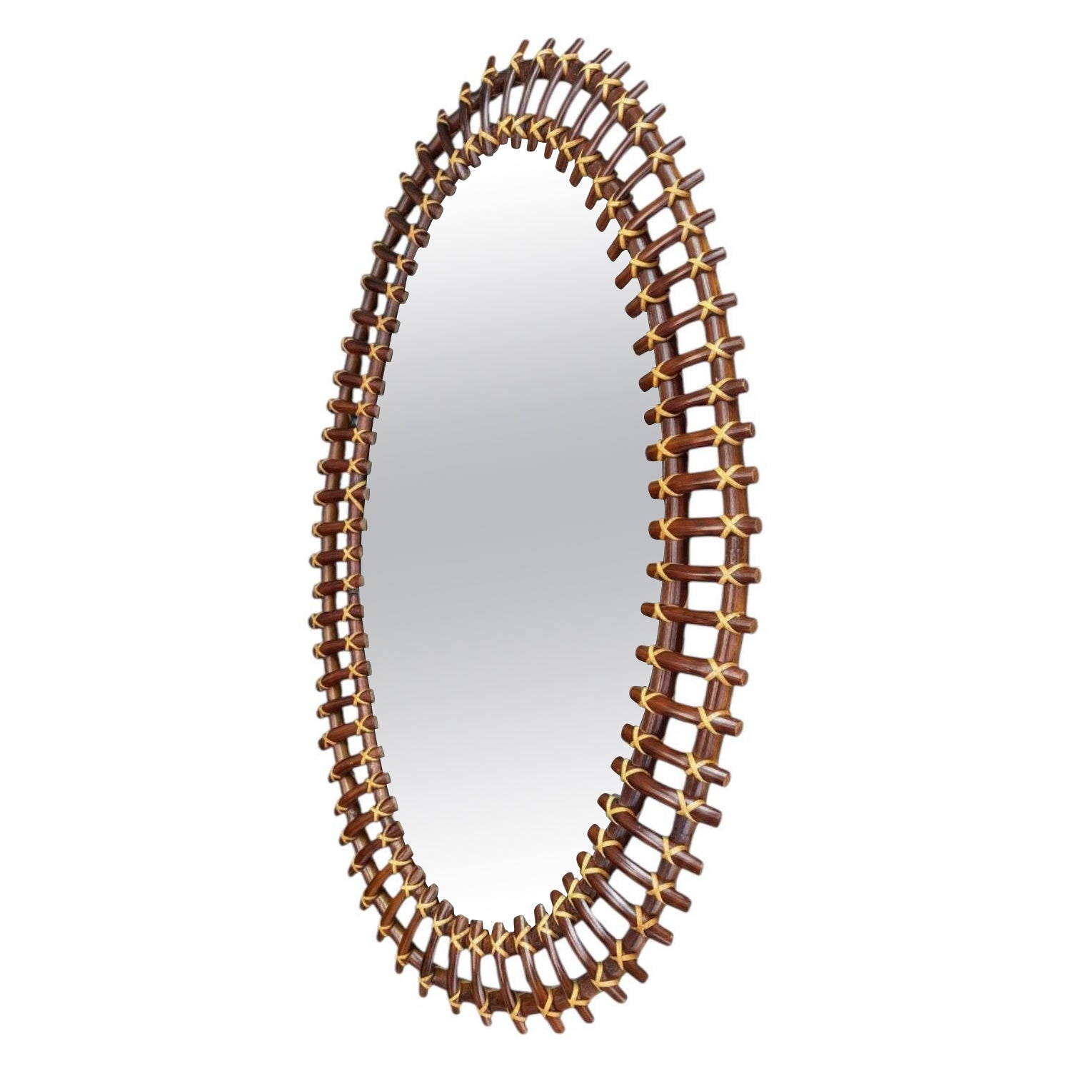 An Italian 1970s oval split cane bamboo mirror by Franco Albini for Bonacina