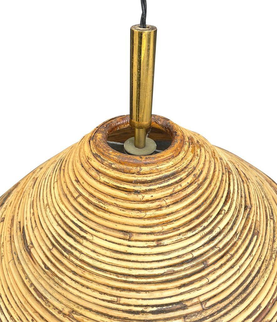 A Franco Albini style Italian 1970s pencil reed bamboo and brass conical ceiling light, with brass ceiling rose. Re wired with new fittings, antique black cord flex and PAT tested. The dimensions are to the top of the brass on the lights as the cord