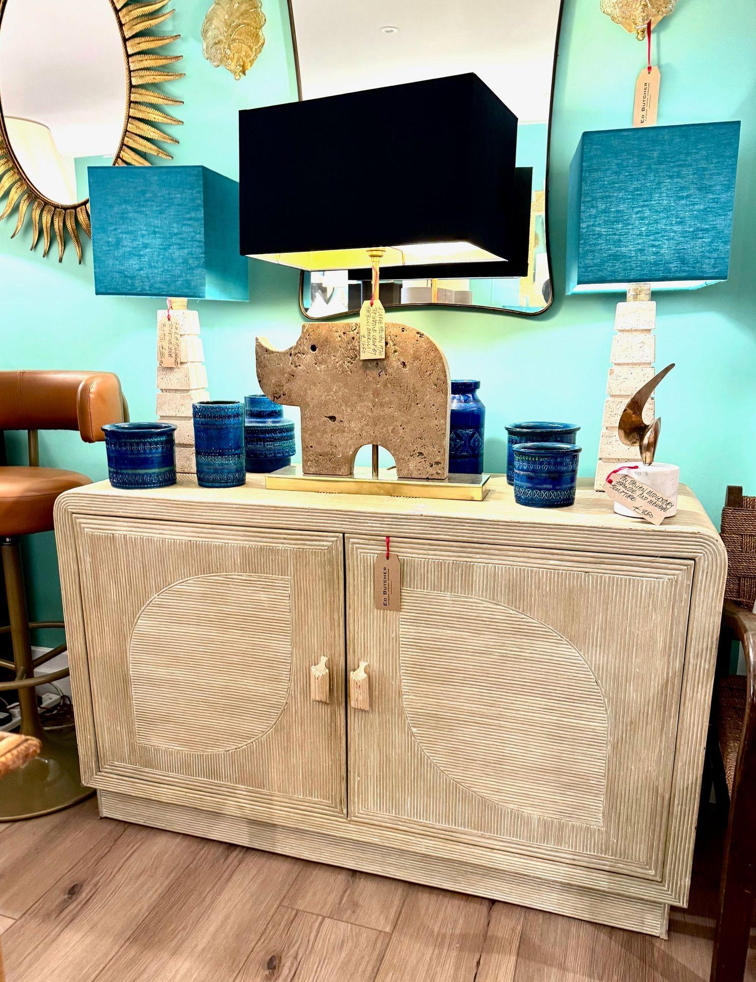 An Italian 1970s pencil reed bamboo two doors, cabinet by Vivai Del Sud with with palm leaf design on the top, sides and front. Finished in limed exterior and sage green interior, with bamboo handles. 