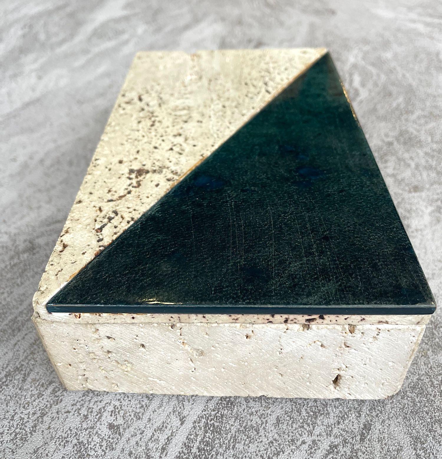 An Italian 1970s travertine box with green glazed tile detail. For Sale 7