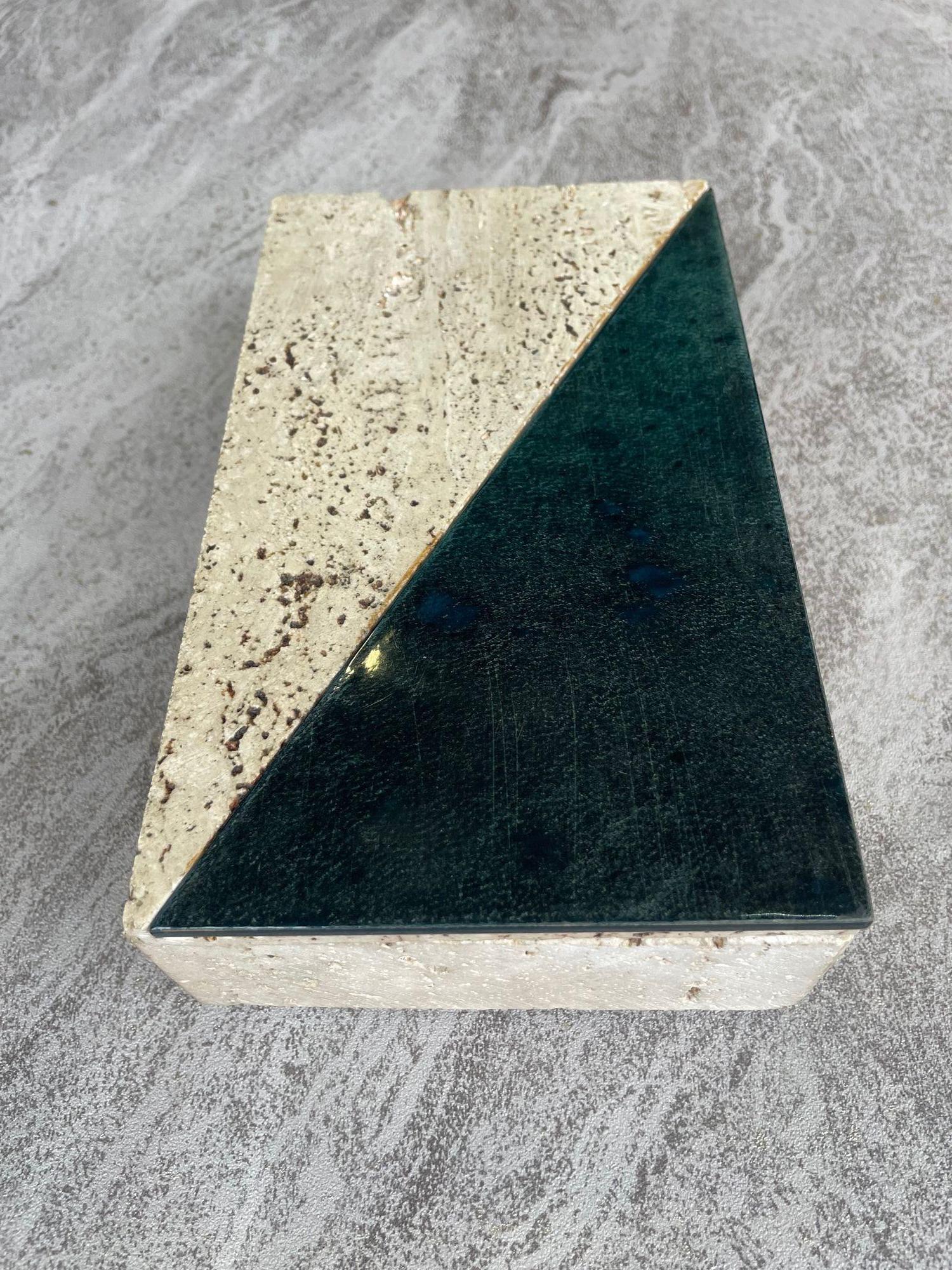 An Italian 1970s travertine box with green glazed tile detail. For Sale 8