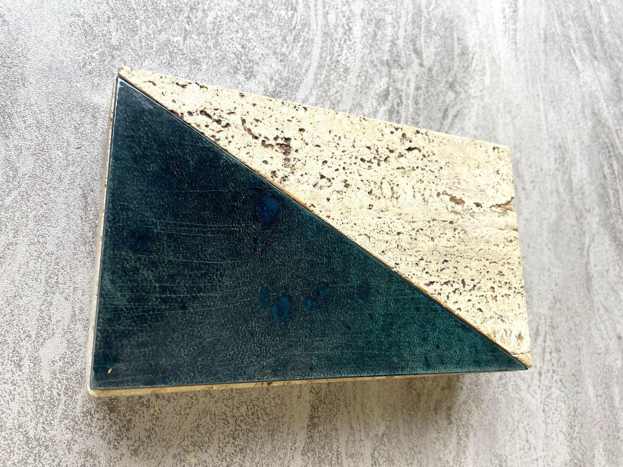 An Italian 1970s travertine box with green glazed tile detail. For Sale 2