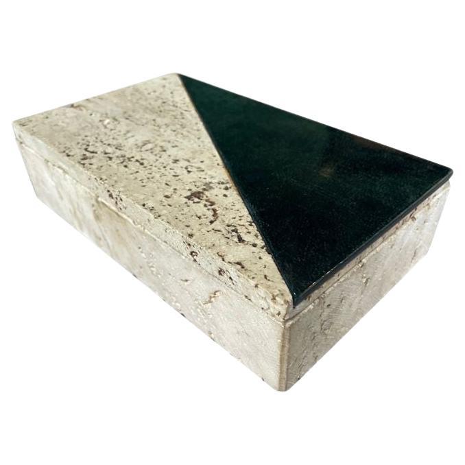 An Italian 1970s travertine box with green glazed tile detail. For Sale