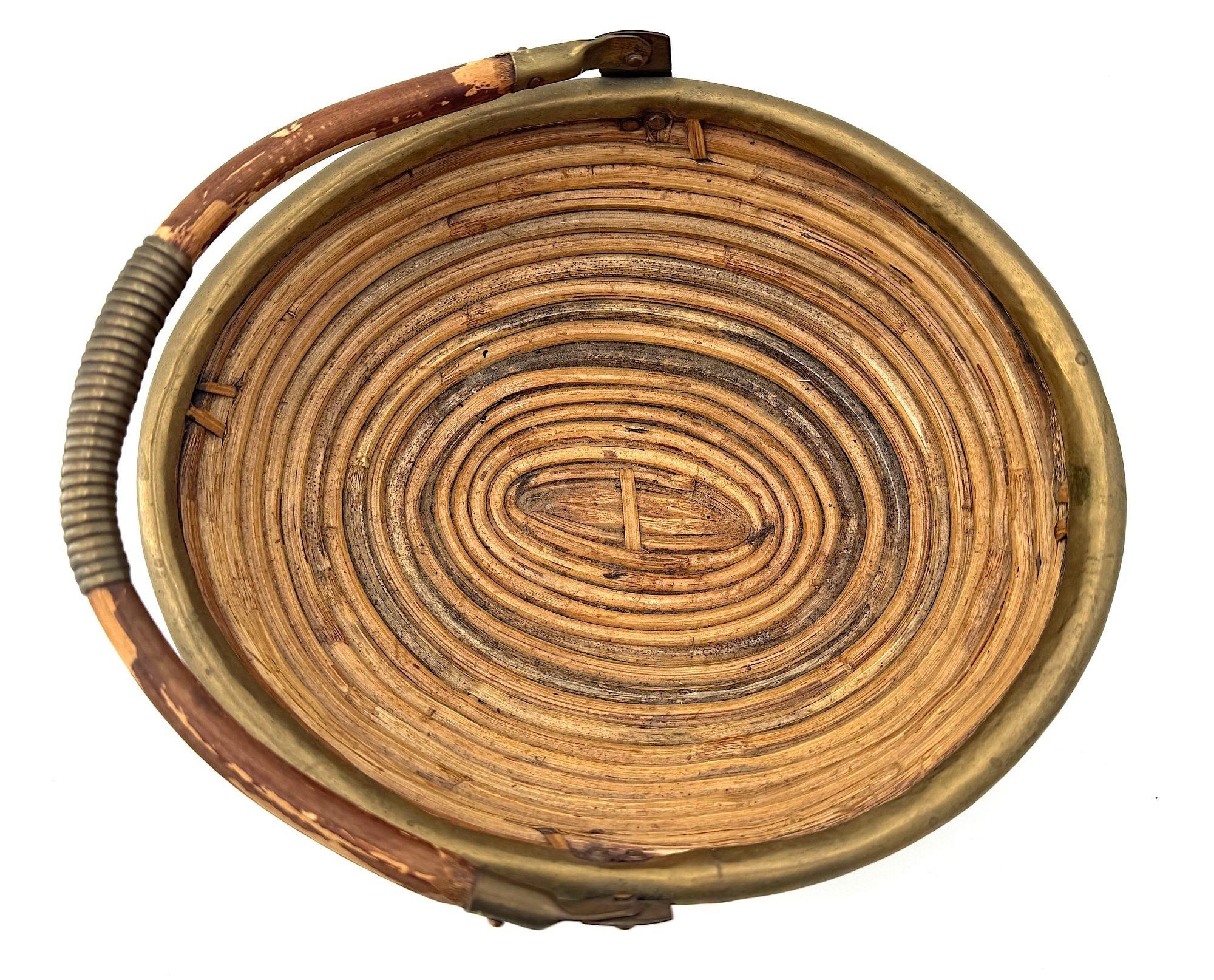 Late 20th Century An Italian 1970s woven bamboo and brass bowl in the style of Gabriella Crespi