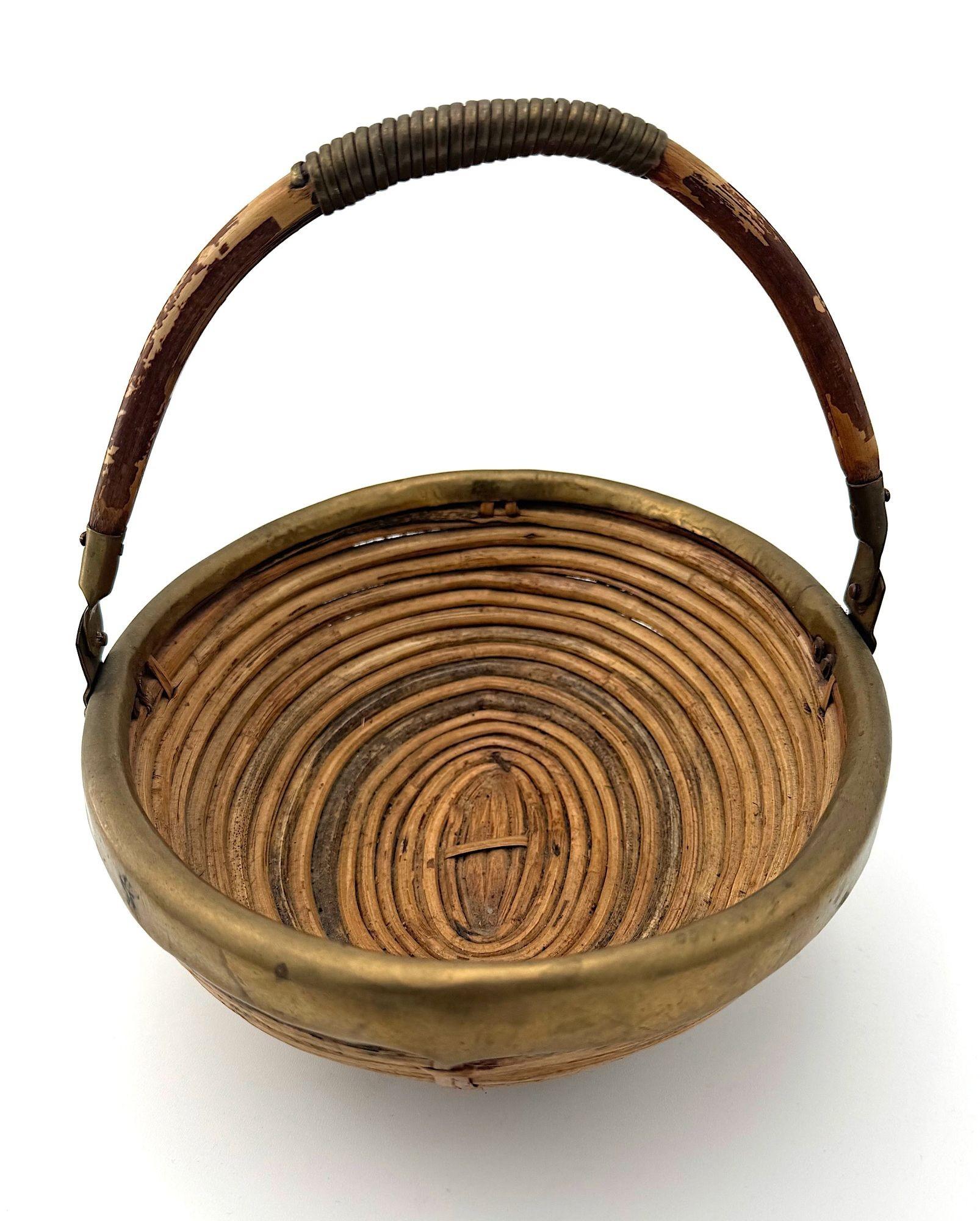 An Italian 1970s woven bamboo and brass bowl in the style of Gabriella Crespi 1