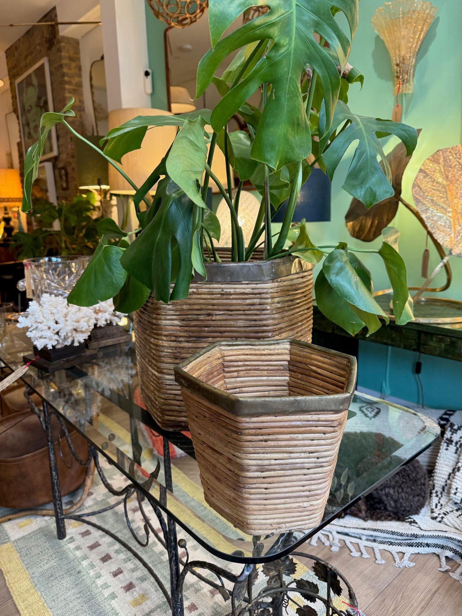 Jardinière hexagonale en bambou tressé en roseau, avec couvercle en laiton, datant des années 1970. en vente 2