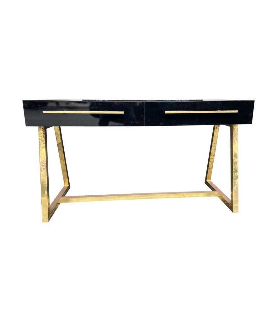 Italian 1980s Mid Century Style Black Lacquer and Brass Desk with Two Drawers For Sale 5